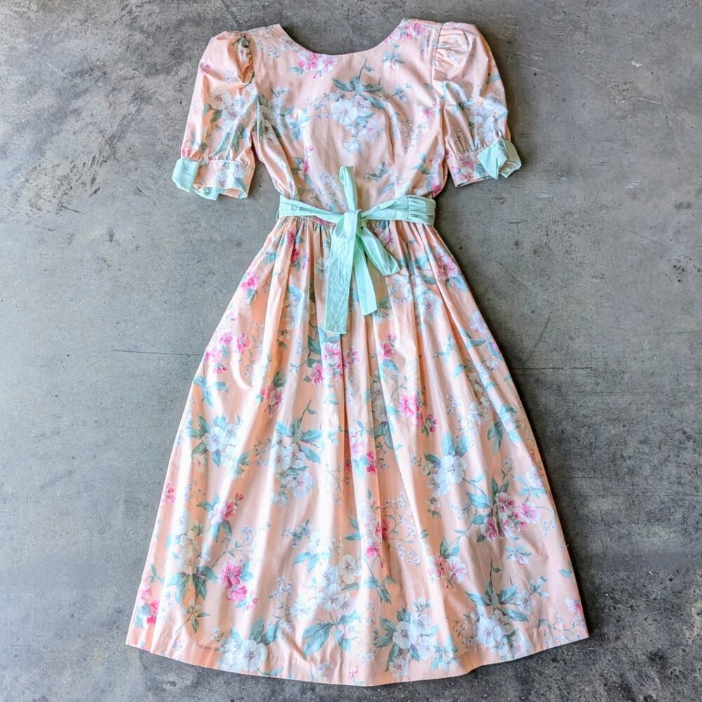 Vintage Clues Collections Pastel Orange Floral Puff Sleeve Midi Dress size 8 - Picture 3 of 13